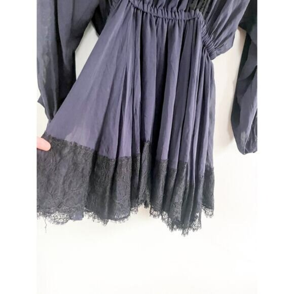 LoveShackFancy | Noelle Mini Dress | 100% Silk Lace Trim | Navy & Black | Sz S - Picture 6 of 13